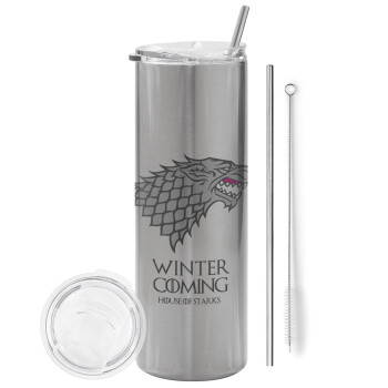 GOT House of Starks, winter coming, Eco friendly stainless steel Silver tumbler 600ml, with metal straw & cleaning brush