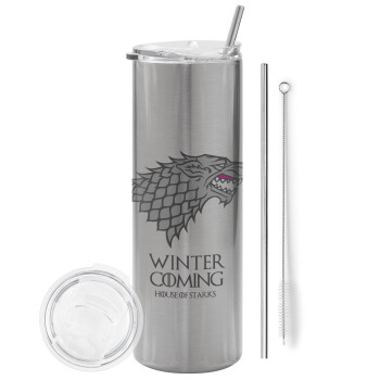 GOT House of Starks, winter coming, Tumbler ποτήρι θερμό Ασημένιο από ανοξείδωτο ατσάλι 600ml, με μεταλλικό καλαμάκι & βούρτσα καθαρισμού