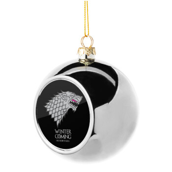 GOT House of Starks, winter coming, Χριστουγεννιάτικη μπάλα δένδρου Ασημένια 8cm