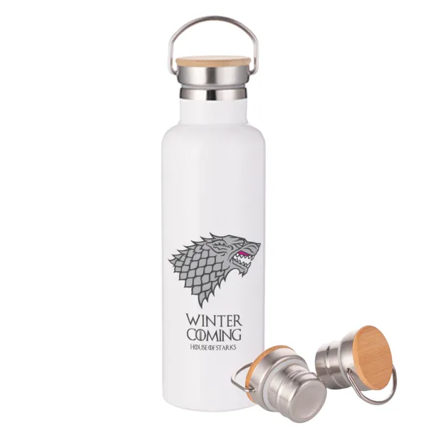 GOT House of Starks — Stainless steel White with wooden lid (bamboo), double wall, 750ml