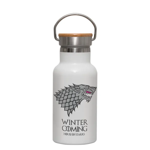 GOT House of Starks — Metallic thermos (Stainless steel) White with wooden lid (bamboo), double-walled, 350ml