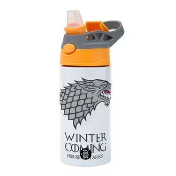 GOT House of Starks, winter coming, Παιδικό παγούρι θερμό, ανοξείδωτο, με καλαμάκι ασφαλείας, Πορτοκαλί/Γκρι (360ml) BPA-FREE