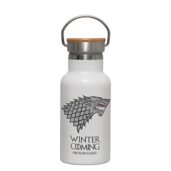 GOT House of Starks, winter coming, Metallic thermos (Stainless steel) White with wooden lid (bamboo), double-walled, 350ml