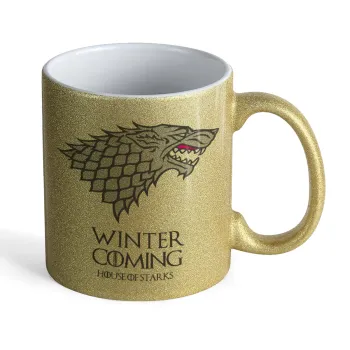 GOT House of Starks, winter coming, Κούπα Χρυσή Glitter που γυαλίζει, κεραμική, 330ml
