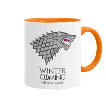 GOT House of Starks, winter coming, Κούπα χρωματιστή πορτοκαλί, κεραμική, 330ml