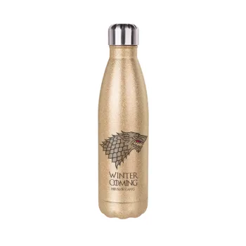 GOT House of Starks, winter coming, Glitter gold stainless steel thermos bottle, double-walled, 500ml