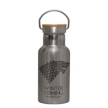 GOT House of Starks, winter coming, Stainless steel metallic thermos flask, silver with a bamboo lid, double-walled, 350ml.