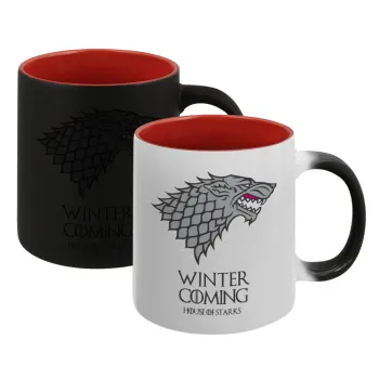 GOT House of Starks, winter coming, Κούπα Μαγική εσωτερικό κόκκινο, κεραμική, 330ml που αλλάζει χρώμα με το ζεστό ρόφημα