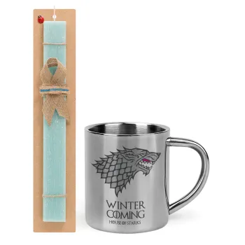 GOT House of Starks, winter coming, Easter Set, metallic thermal cup (300ml) & aromatic flat Easter candle (30cm) (TURQUOISE)