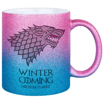 GOT House of Starks, winter coming, Κούπα Χρυσή/Μπλε Glitter, κεραμική, 330ml