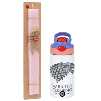 GOT House of Starks, winter coming, Easter Set, Children's thermal stainless steel water bottle with safety straw, pink/purple (350ml) & Easter scented flat candle (30cm) (PINK)