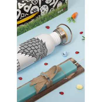 GOT House of Starks, winter coming, Πασχαλινή Λαμπάδα με παγούρι μεταλλικό (620ml, stainless steel) & κερί αρωματικό πλακέ (30cm) (ΤΙΡΚΟΥΑΖ)