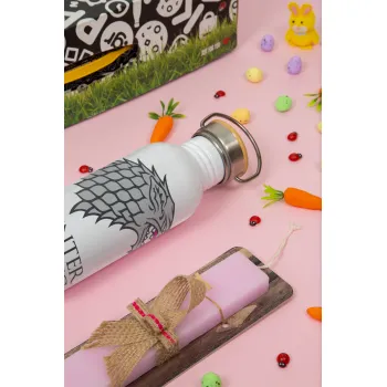 GOT House of Starks, winter coming, Πασχαλινή Λαμπάδα με παγούρι μεταλλικό (620ml, stainless steel) & κερί αρωματικό πλακέ (30cm) (ΡΟΖ)