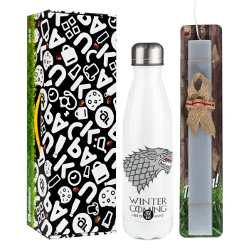GOT House of Starks, winter coming, Easter candle, metallic white thermos bottle (500ml) & aromatic flat candle (30cm) (GRAY)