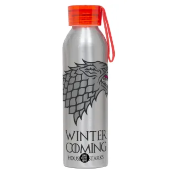GOT House of Starks, winter coming, Αλουμινένιο Αθλητικό Μπουκάλι 650ml – Ασημί με Κόκκινο Καπάκι και Λουράκι Σιλικόνης