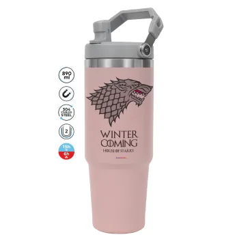 GOT House of Starks, winter coming, ΡΟΖ χρώματος Θερμός Ανοξείδωτο 890ml (30oz) με χερούλι