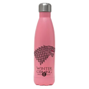 GOT House of Starks, winter coming, Metal mug thermos Pink Mat (Stainless steel), double wall, 500ml