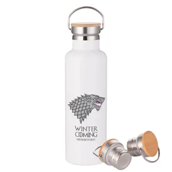 GOT House of Starks, winter coming, Μεταλλικό παγούρι θερμός (Stainless steel) Λευκό με ξύλινο καπάκι (bamboo), διπλού τοιχώματος, 750ml