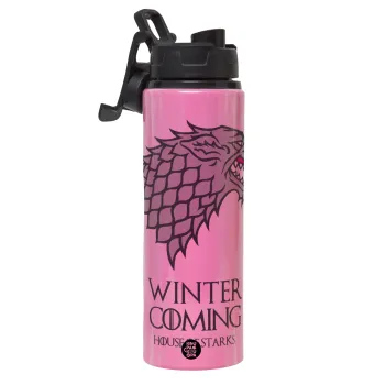GOT House of Starks, winter coming, Μεταλλικό παγούρι νερού με καπάκι ασφαλείας, αλουμινίου 850ml