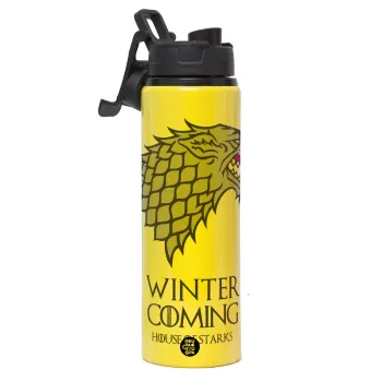 GOT House of Starks, winter coming, Μεταλλικό παγούρι νερού με καπάκι ασφαλείας, αλουμινίου 850ml
