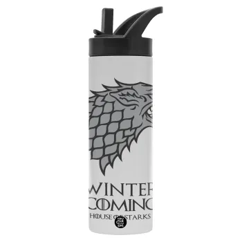 GOT House of Starks, winter coming, Μεταλλικό παγούρι θερμός με καλαμάκι & χειρολαβή, ανοξείδωτο ατσάλι (Stainless steel 304), διπλού τοιχώματος, 600ml