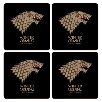 GOT House of Starks, winter coming, ΣΕΤ x4 Σουβέρ ξύλινα τετράγωνα plywood (9cm)