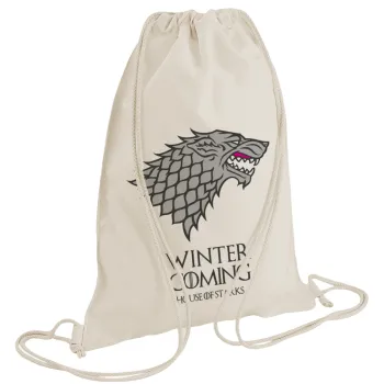 GOT House of Starks, winter coming, Τσάντα πλάτης πουγκί GYMBAG natural (28x40cm)