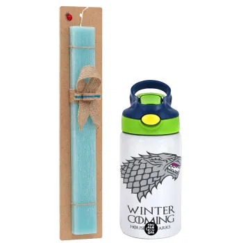 GOT House of Starks, winter coming, Easter Set, Children's thermal stainless steel bottle with safety straw, green/blue (350ml) & aromatic flat Easter candle (30cm) (TURQUOISE)