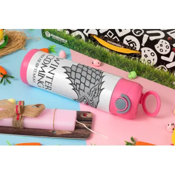 GOT House of Starks, winter coming, Easter candle, Childrens hot water bottle, stainless steel, with safety straw, PINK (500ml)