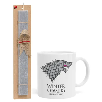 GOT House of Starks, winter coming, Πασχαλινή Λαμπάδα με Κούπα κεραμική (330ml) & κερί αρωματικό πλακέ (30cm) (ΓΚΡΙ)