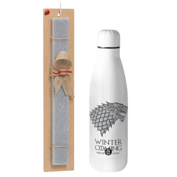 GOT House of Starks, winter coming, Easter Set, metallic stainless thermos bottle (500ml) & scented flat Easter candle (30cm) (GRAY)