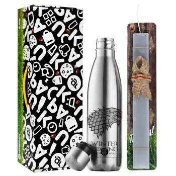 GOT House of Starks, winter coming, Easter Set, metallic stainless thermos flask (500ml) & scented flat Easter candle (30cm) (GRAY)