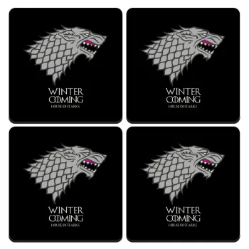 GOT House of Starks, winter coming, ΣΕΤ 4 Σουβέρ ξύλινα τετράγωνα (9cm)