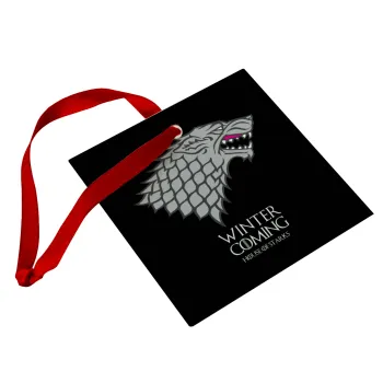 GOT House of Starks, winter coming, Στολίδι Χριστουγεννιάτικο στολίδι γυάλινο τετράγωνο 9x9cm