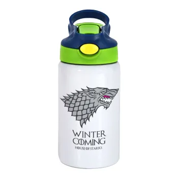 GOT House of Starks, winter coming, Children's hot water bottle, stainless steel, with safety straw, green, blue (350ml)