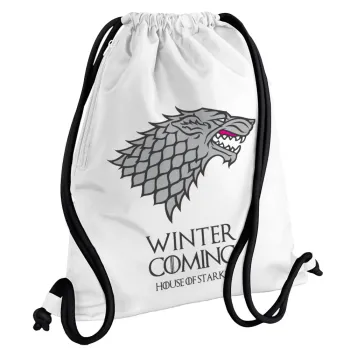 GOT House of Starks, winter coming, Backpack pouch GYMBAG white, with pocket (40x48cm) & thick cords