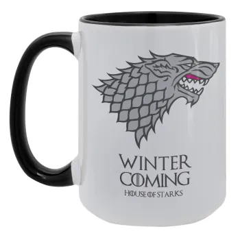 GOT House of Starks, winter coming, Κούπα Mega 15oz, κεραμική Μαύρη, 450ml