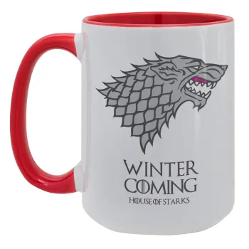 GOT House of Starks, winter coming, Κούπα Mega 15oz, κεραμική Κόκκινη, 450ml
