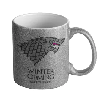 GOT House of Starks, winter coming, Κούπα Ασημένια Glitter που γυαλίζει, κεραμική, 330ml