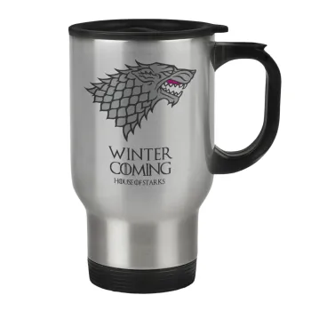 GOT House of Starks, winter coming, Κούπα ταξιδιού ανοξείδωτη με καπάκι, διπλού τοιχώματος (θερμό) 450ml