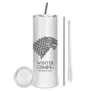GOT House of Starks, winter coming, Tumbler ποτήρι θερμό από ανοξείδωτο ατσάλι 600ml, με μεταλλικό καλαμάκι & βούρτσα καθαρισμού