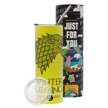 GOT House of Starks, winter coming, Neon Yellow Travel Tumbler θερμό, μεταλλικό καλαμάκι(Ανωξείδωτο 304 Food grade, BPA free, 600ml)