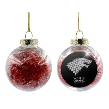 GOT House of Starks, winter coming, Transparent Christmas tree ball ornament with red filling 8cm