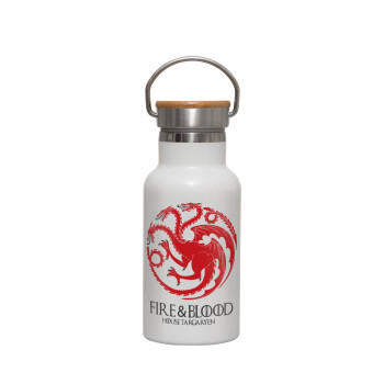 GOT House Targaryen, Fire Blood, Μεταλλικό παγούρι θερμός (Stainless steel) Λευκό με ξύλινο καπακι (bamboo), διπλού τοιχώματος, 350ml