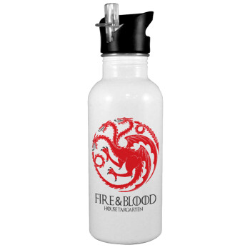 GOT House Targaryen, Fire Blood, White water bottle with straw, stainless steel 600ml