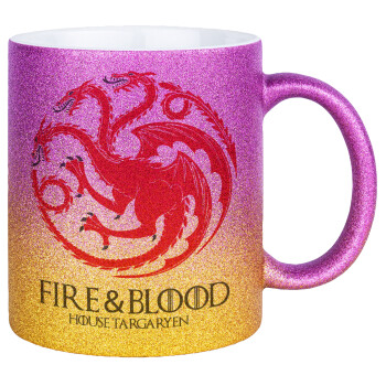 GOT House Targaryen, Fire Blood, Κούπα Χρυσή/Ροζ Glitter, κεραμική, 330ml