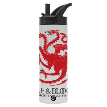 GOT House Targaryen, Fire Blood, Metallic thermos bottle with straw & handle, stainless steel (Stainless steel 304), double-walled, 600ml.