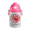 GOT House Targaryen, Fire Blood, Ροζ παιδικό παγούρι πλαστικό (BPA-FREE) με καπάκι ασφαλείας, κορδόνι και καλαμάκι, 400ml