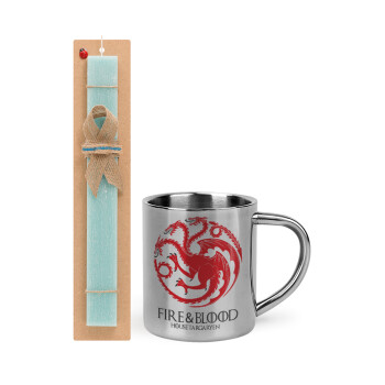 GOT House Targaryen, Fire Blood, Easter Set, metallic thermal cup (300ml) & aromatic flat Easter candle (30cm) (TURQUOISE)