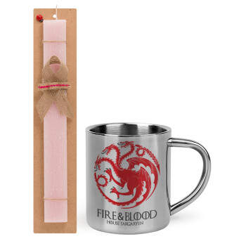 GOT House Targaryen, Fire Blood, Πασχαλινό Σετ, μεταλλική κούπα θερμό (300ml) & πασχαλινή λαμπάδα αρωματική πλακέ (30cm) (ΡΟΖ)